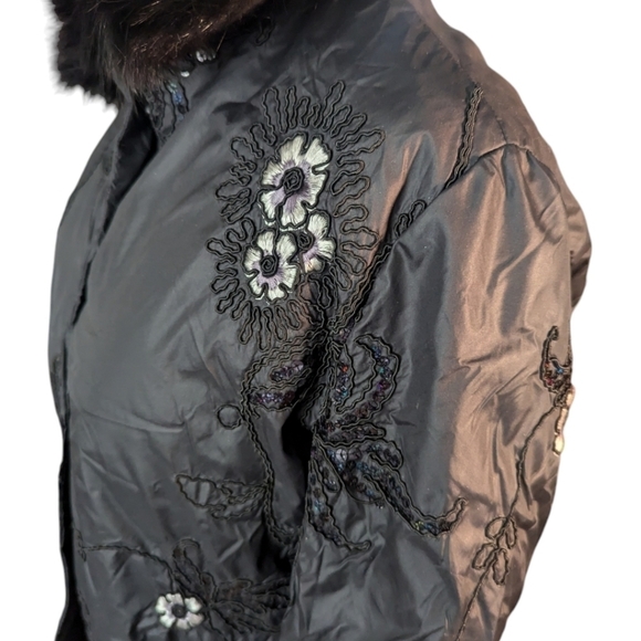 Embellished sequin embroidery faux fur trim black Warm Jacket Todd Smith  Sz M - Picture 5 of 13